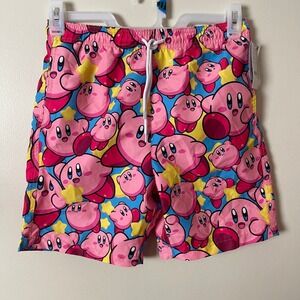 Kirby Nintendo Bioworld Mens Swim Trunks Pink All Over Print Shorts LARGE ‎ NWT